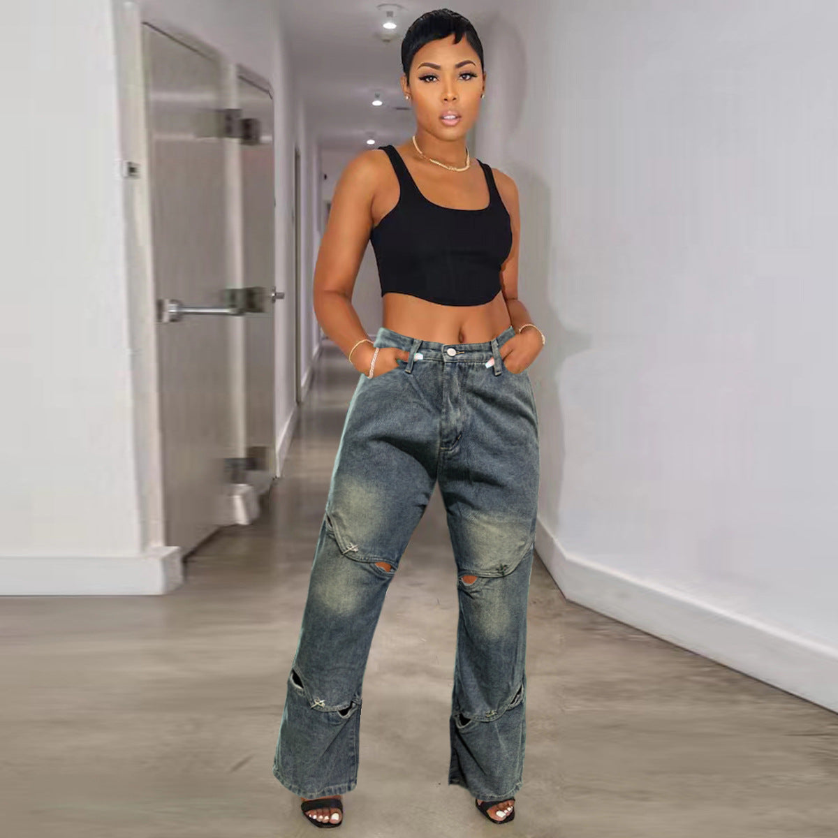 Ripped Two-Button Wide-Leg Straight Denim Pants 3