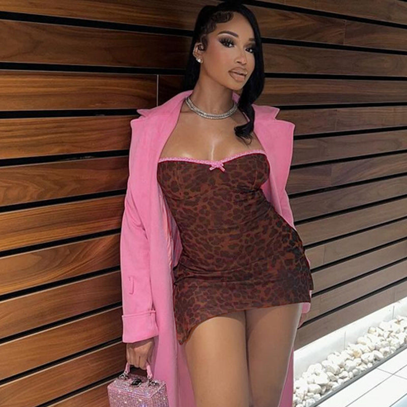 Women's Summer Fashion Leopard Printed Side Slit Strap Dress 4