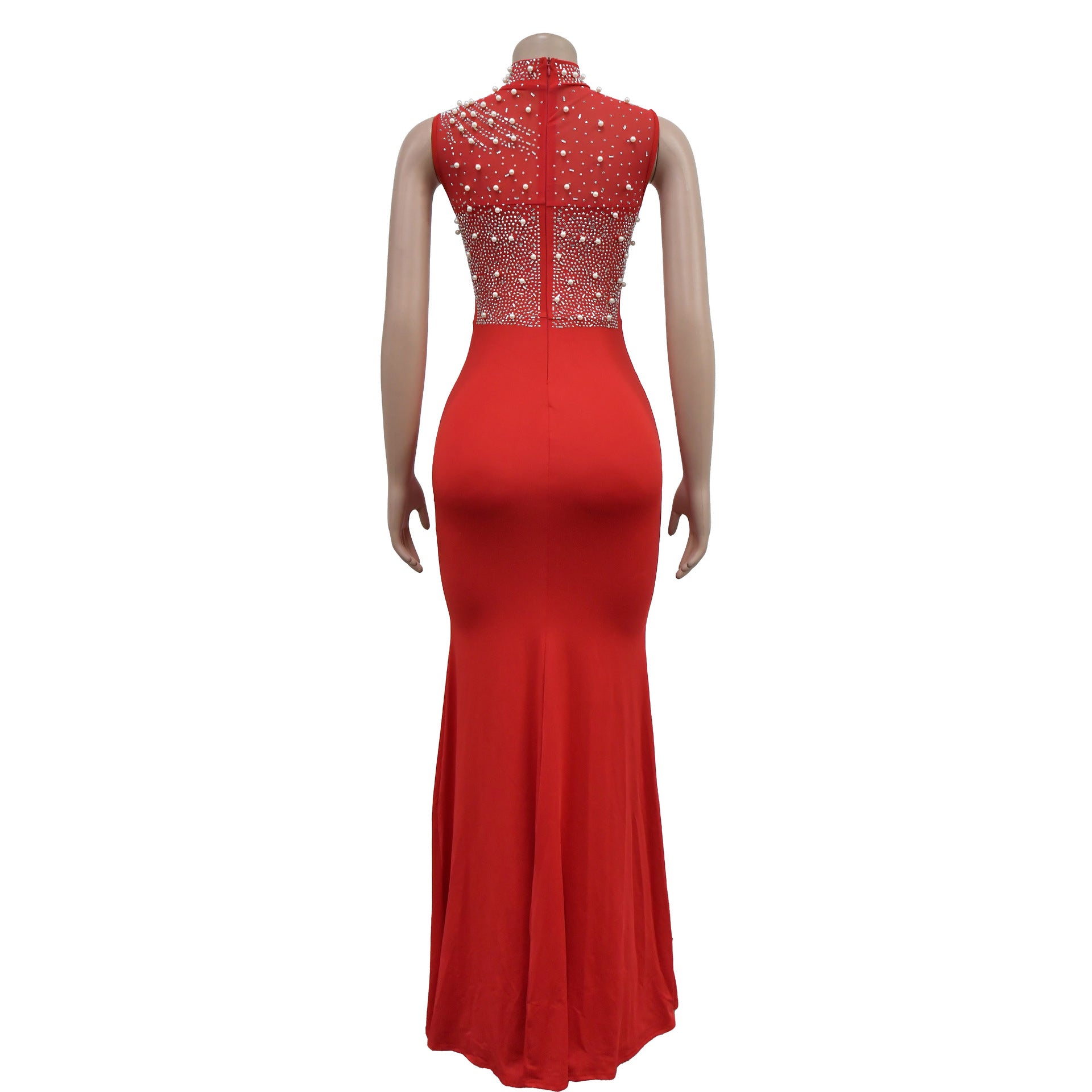 Fashion Women's Solid Color Beaded Mesh Sleeveless Long Dress 29