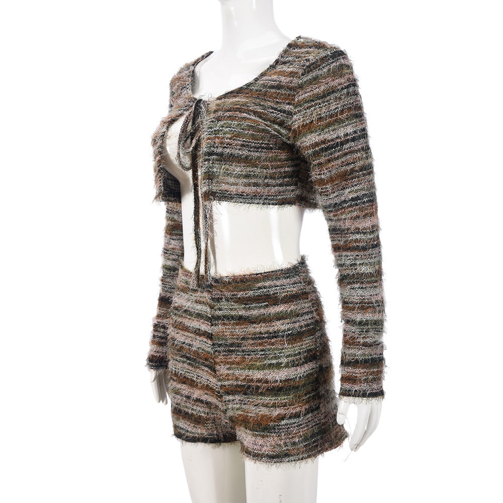 Women's Autumn And Winter Knitted Crop Hollow Lace-Up Fashion Long Sleeve Top Shorts Two Piece Set 8