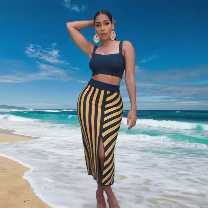 Summer Strap Vest & Slit Mini Skirt Set