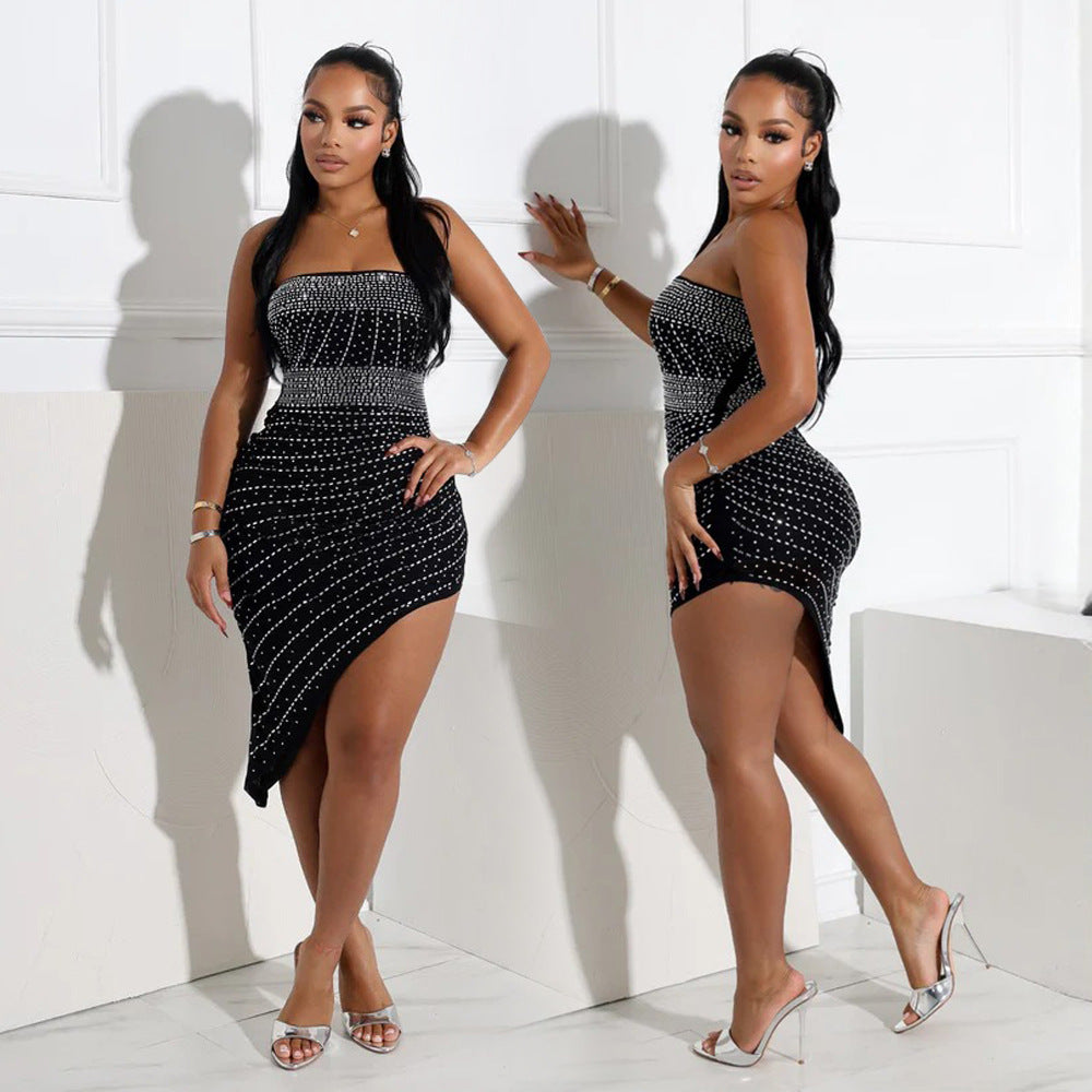Women Strapless Beaded Sexy Irregular Dress 3