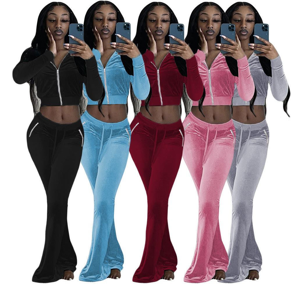 Women's Velvet Solid Color Sexy Zipper Pocket Two-Piece Tracksuit 8