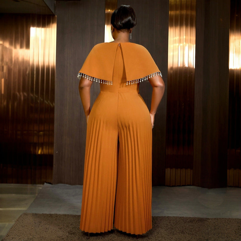 Women Cape Sleeve Elegant Party Pleated Skirt Jumpsuit