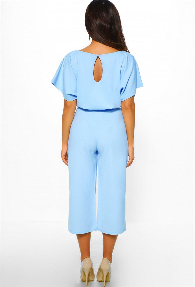 Women Summer Fashion with Belt Short Sleeve Jumpsuit 10