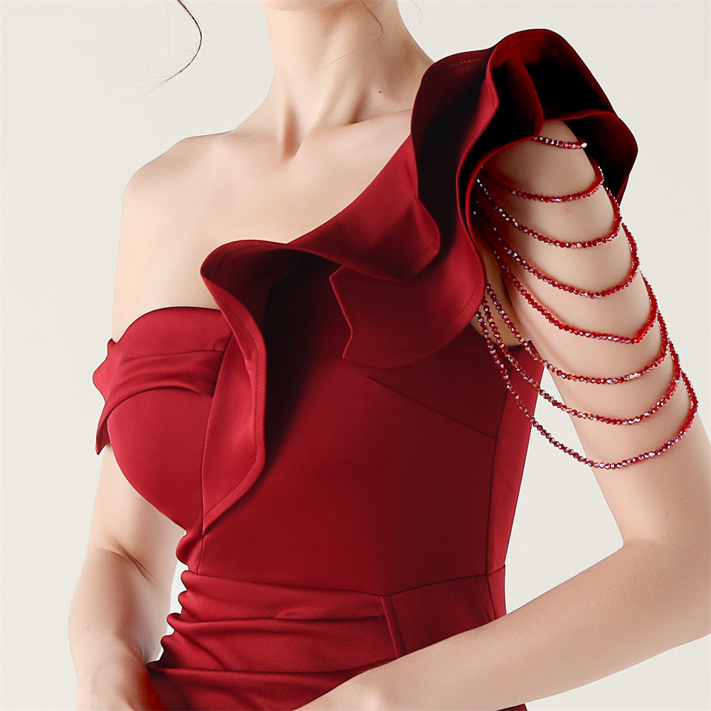 Women pleated one-shoulder beaded ruffle fishtail formal party evening dress 36