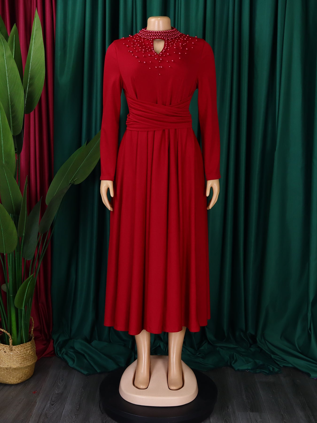 Women High Neck Elegant Beading African Dress 14