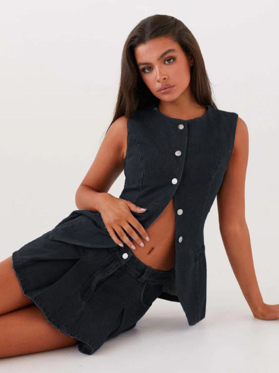 Summer Fashion Casual Sleeveless Denim Vest High Waist Short Skirt Women's Two Piece Set 7