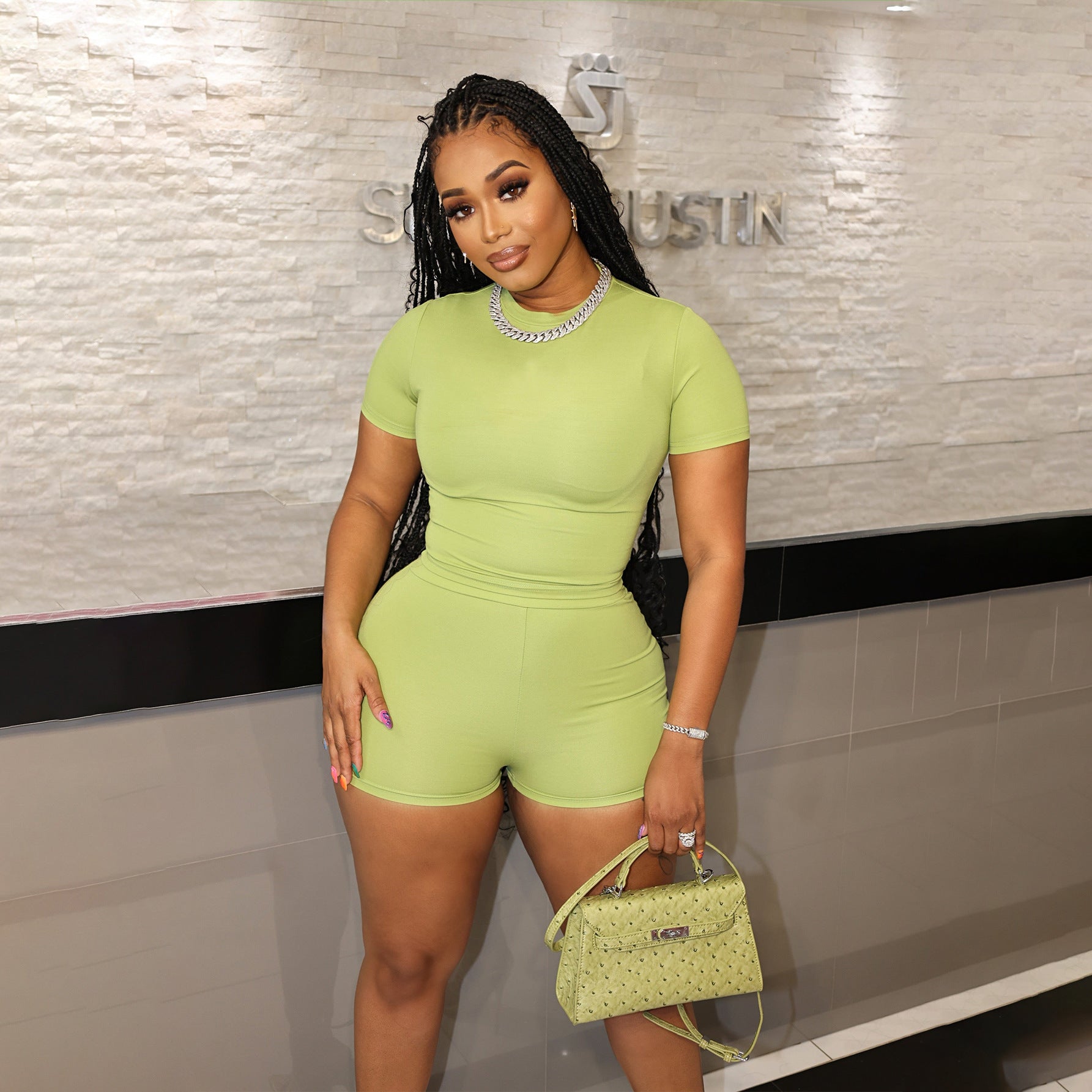 Summer solid color sports Casual short-sleeved shorts two-piece set 13