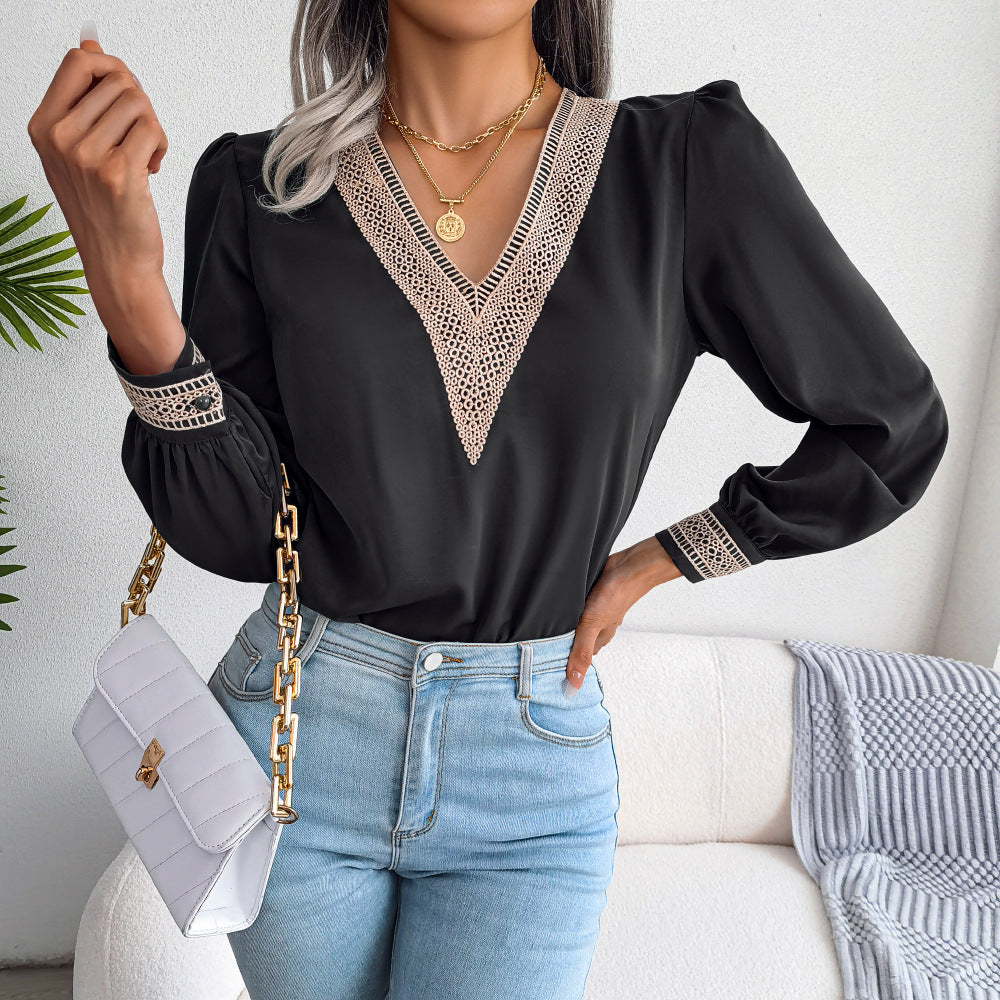 Women Fall Winter Chic Lace v-neck Long Sleeve Chiffon Shirt 9
