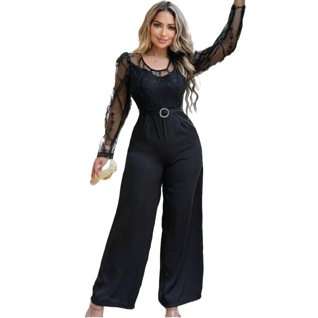 Women's Mesh See-Through Patchwork Embroidery Sexy Jumpsuit (Includes Belt) 6