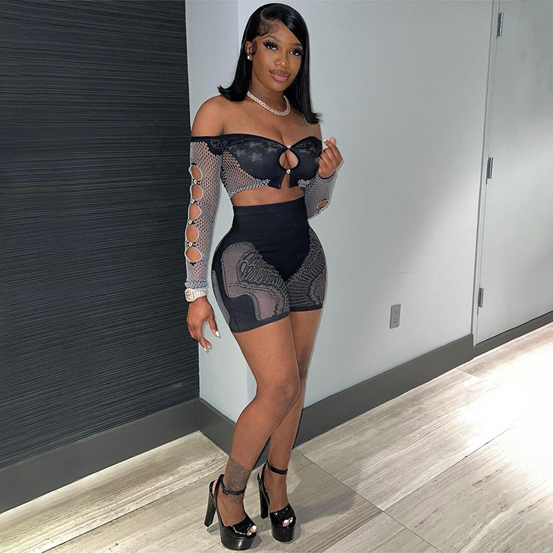 Women Sexy Off-Shoulder Long-Sleeve Cropped Top and Mesh Shorts Two-Piece Set