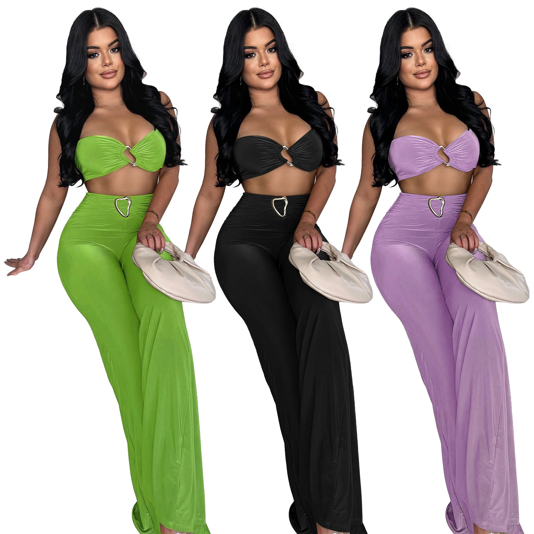 Women Summer Decorative Button Solid Sexy Halter Neck Top and Long Skirt Two-Piece Set 14