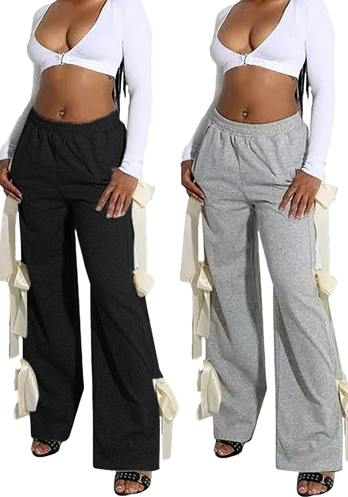 Women Spring Summer Casual Lace-Up Bow Solid Pants