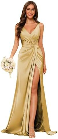 Women's Strap V-Neck Bridesmaid Dress Sleeveless Satin High Slit Prom Dress（Processing time need 3-6 days） 3
