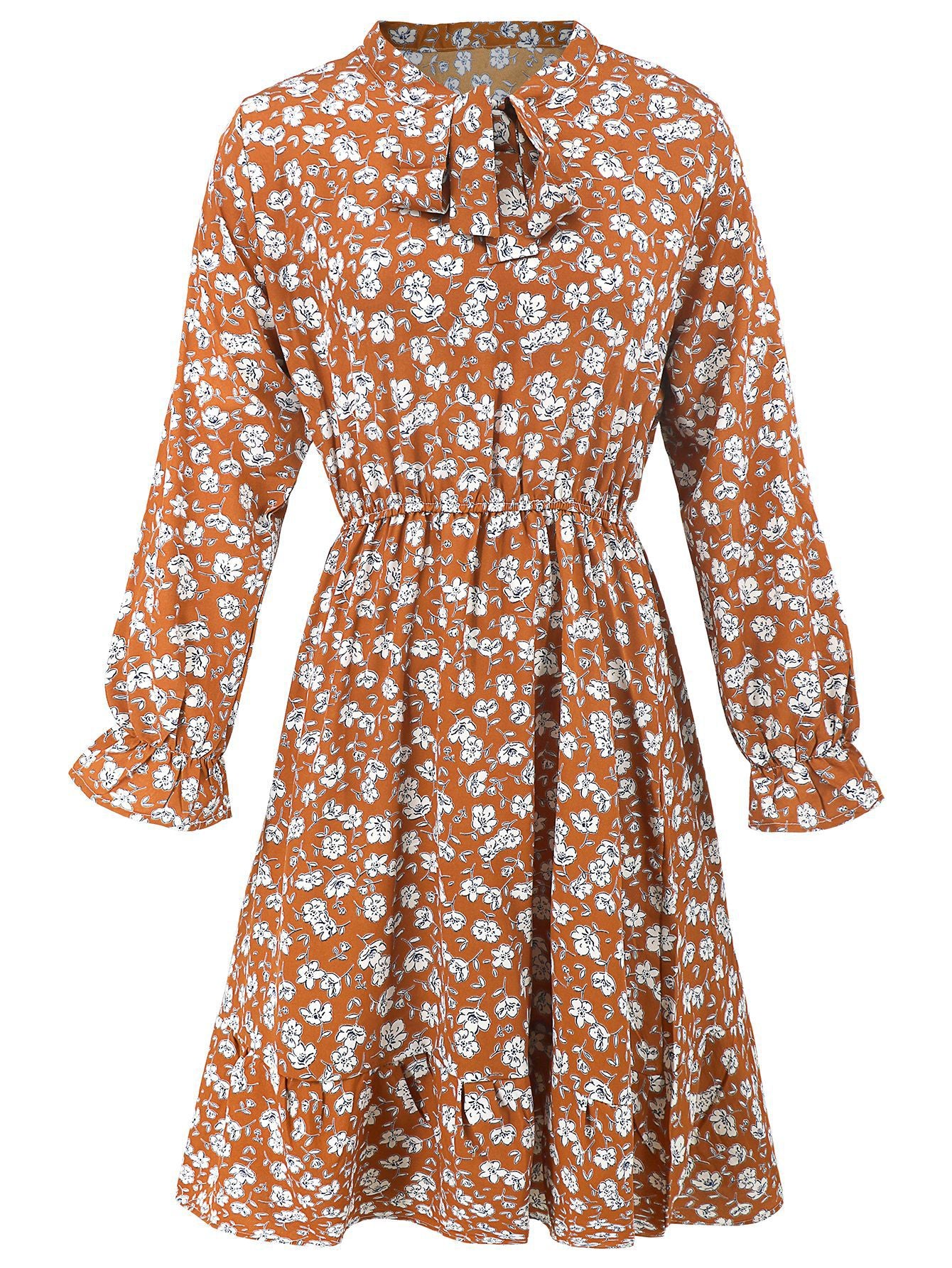 Spring Women's Slim Waist Bell Bottom Long Sleeve Ruffle Floral Dress 16