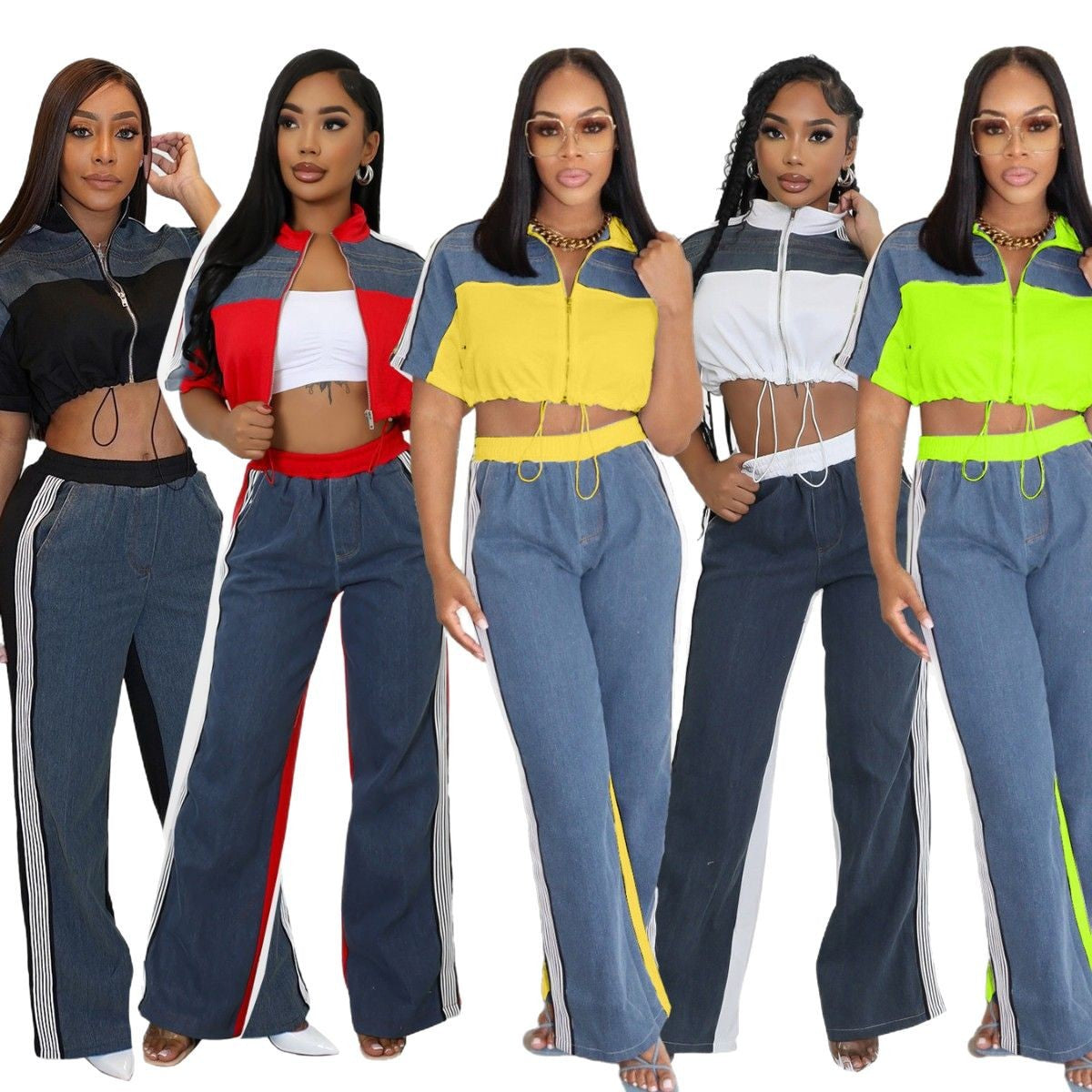 Women Color Blocking Contrast Sports Casual Top + Wide Leg Pants Two-piece Set 16