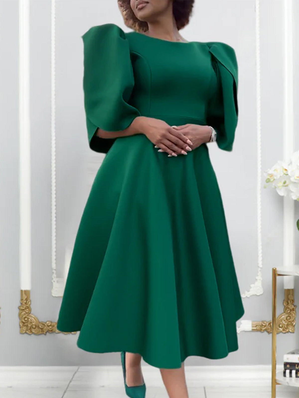 Women's Round Neck Fashion Chic Elegant High Waist Swing Evening Gown African Dress 5