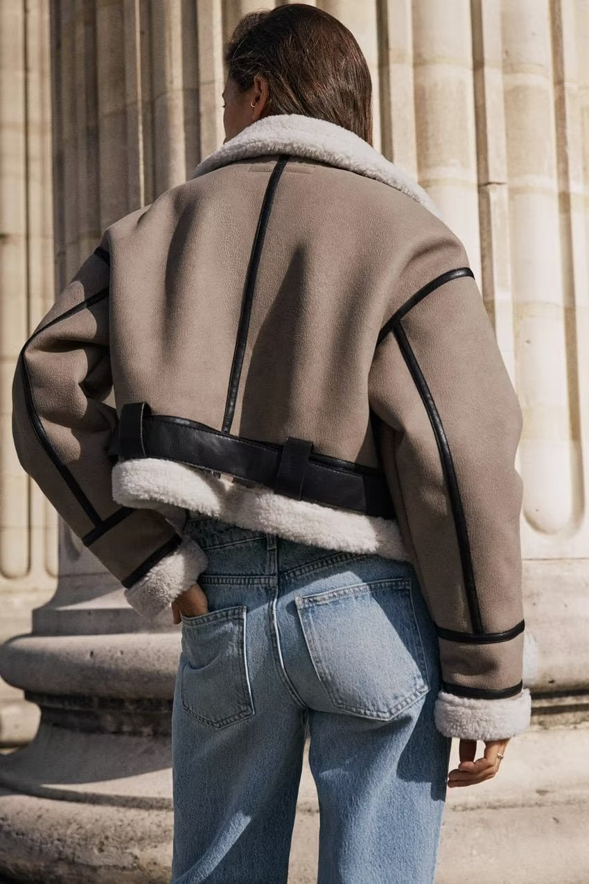 Winter Women's Fur Coat Belt Decorated Lambskin Deerskin Velvet Jacket 5