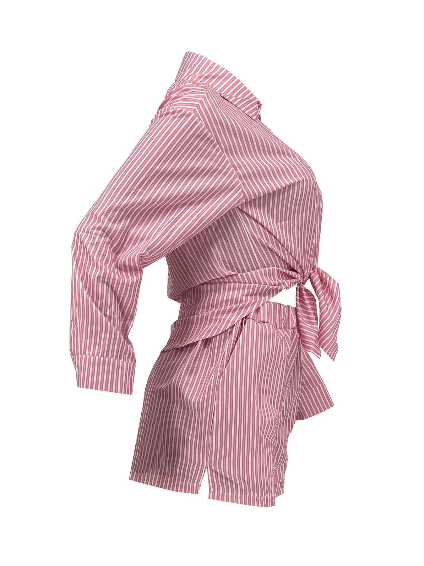 Women Spring Summer Holidays Long Sleeve Shirt Striped Shorts Two Piece Set 14