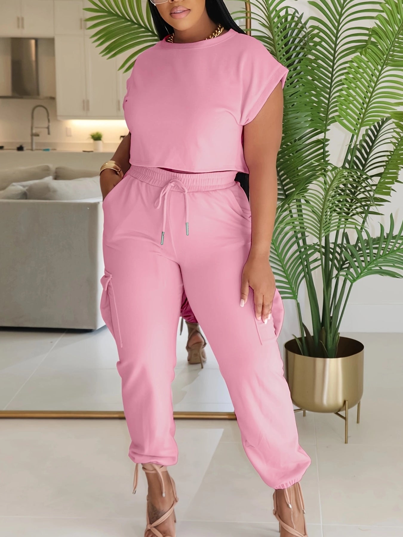 Women Casual Soild Top and trousers Two Piece Set 6