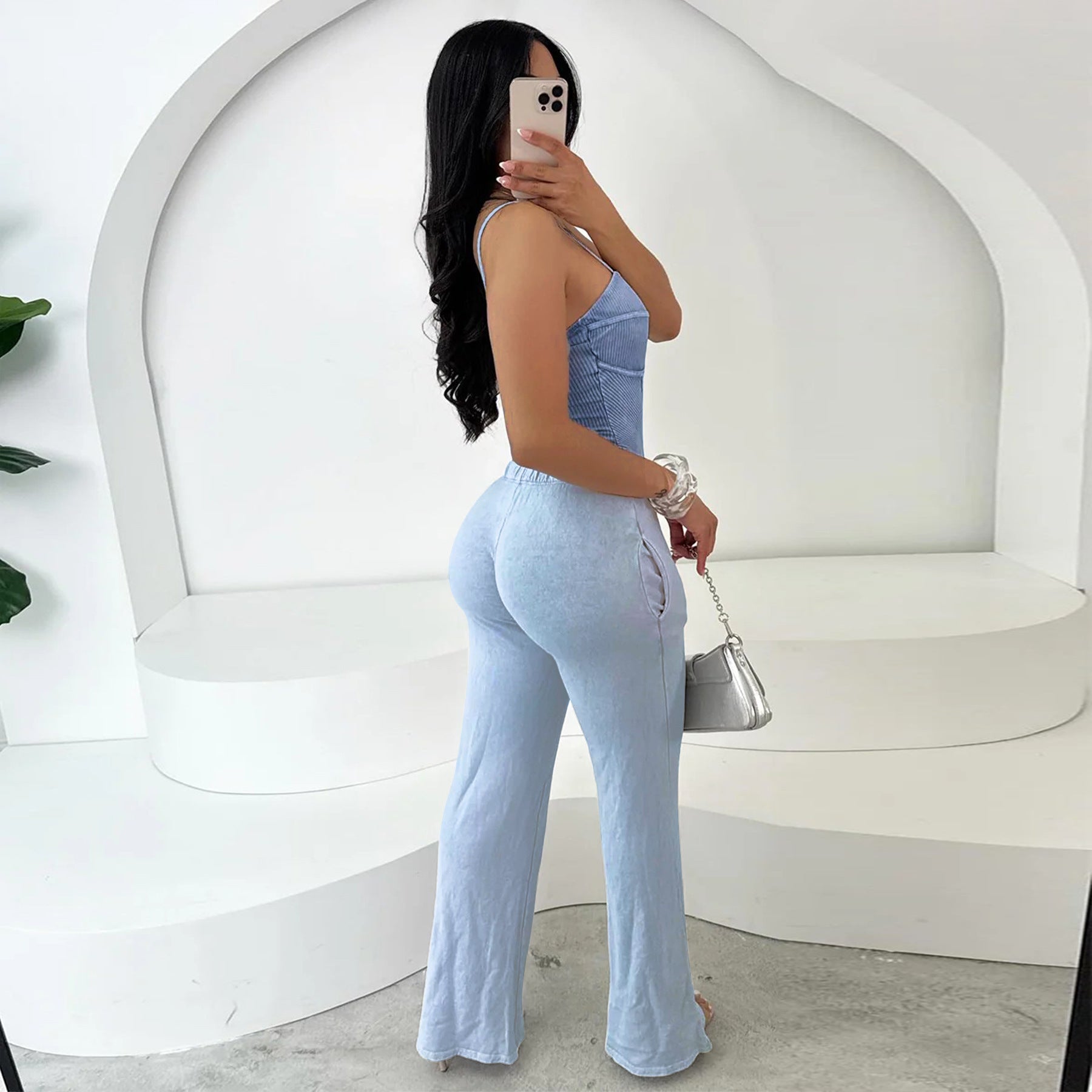 Women Sexy Cotton Washed Strapless Top and Pant Two-Piece Set 43