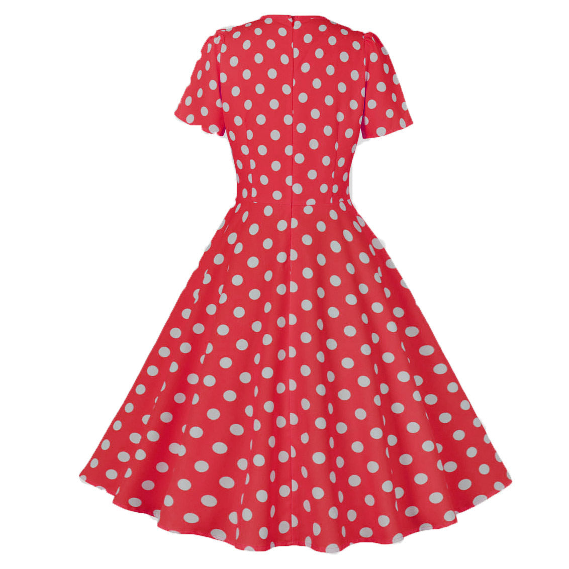 Women Round Neck Bow Tie Polka Dot Short Sleeve Dress 21