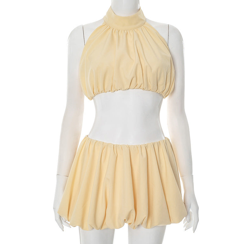 Women's Summer Solid Color Sexy Low Back Halter Neck Crop Top Sexy Short Skirt Set 6