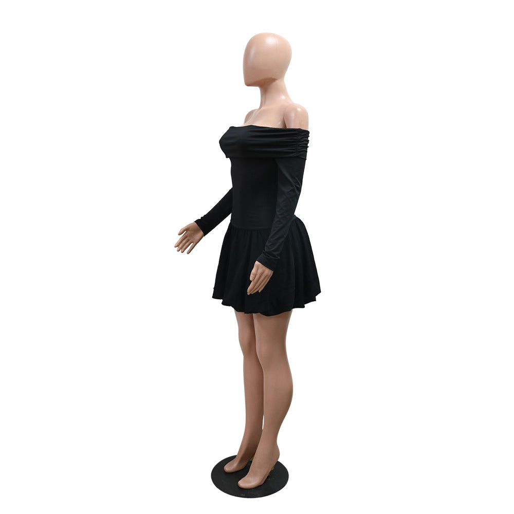Fashion Off Shoulder Long Sleeve Solid Color Short Dress For Women 6