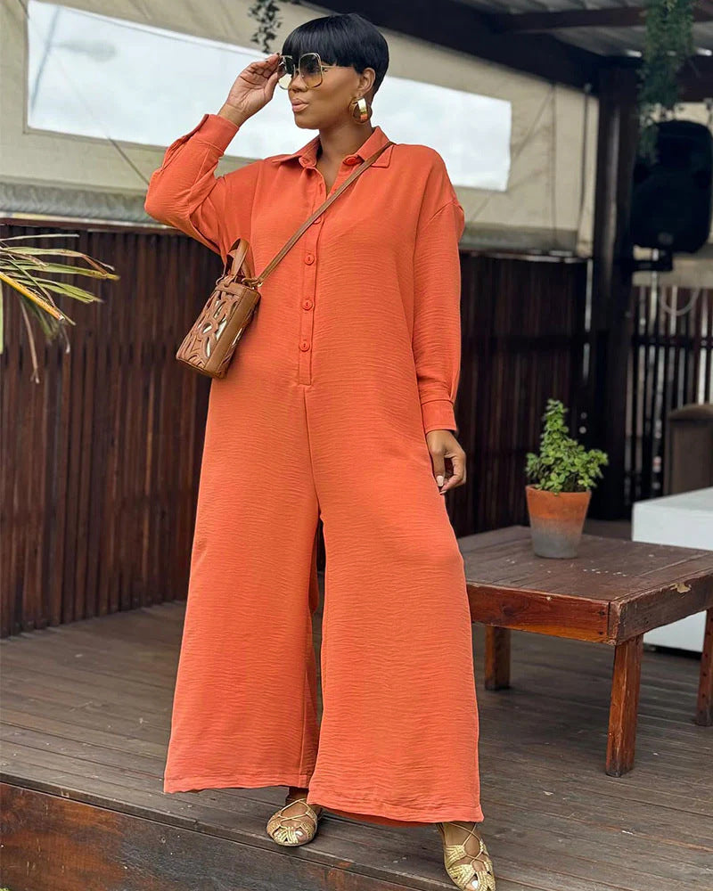 Plus Size Women Summer Casual Loose Round Neck Long Sleeve Wide Leg Jumpsuits 5
