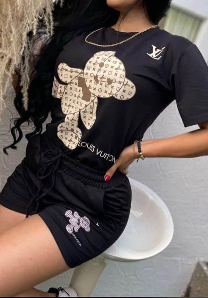 Bear Printed Short Sleeve Two Piece Shorts Set