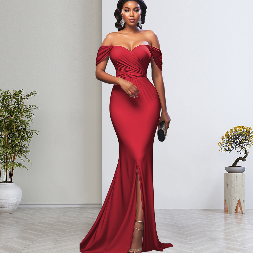 Women Sexy Solid Off-shoulder Evening Dress 3