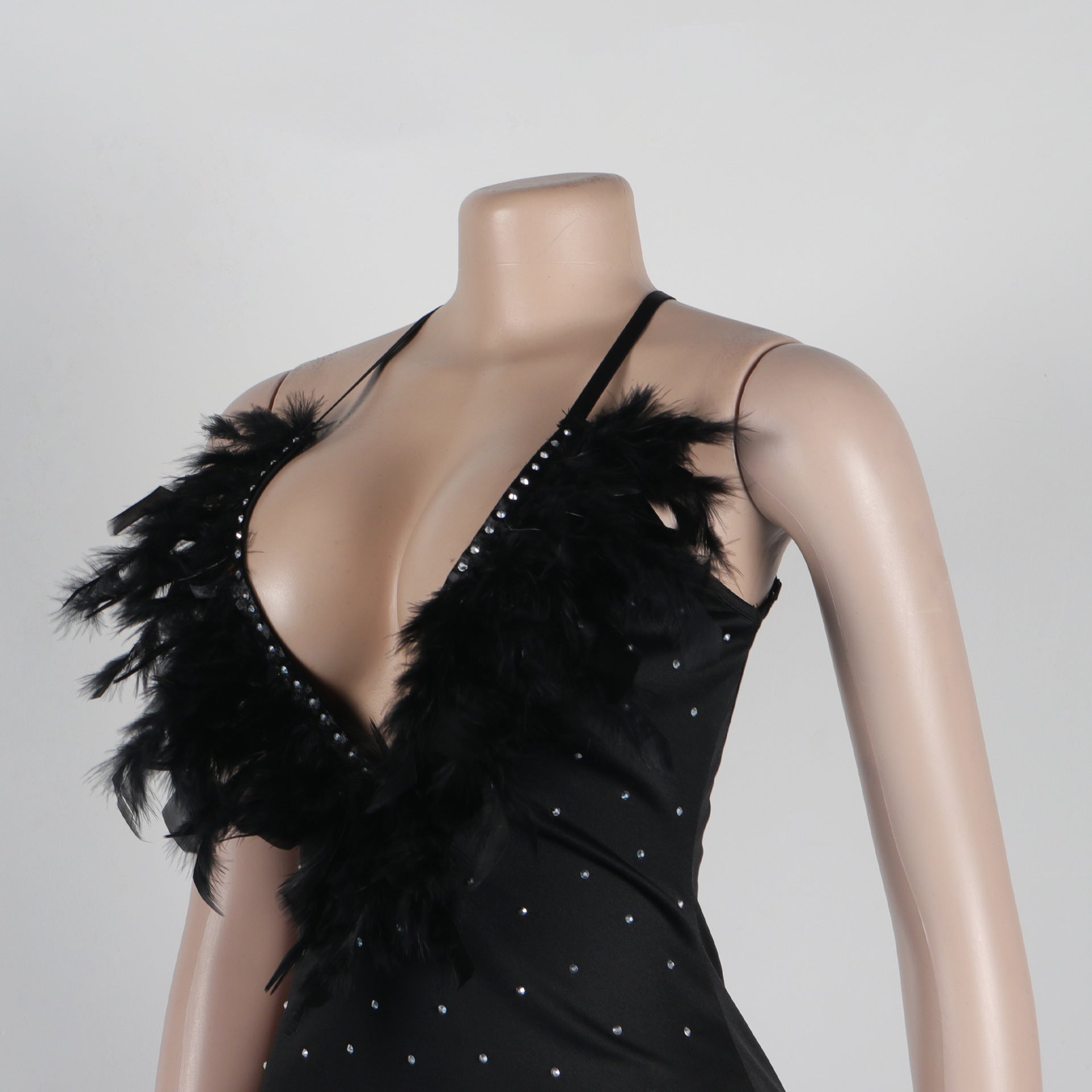 Women Sexy Beaded Feather V-Neck Backless Bodycon Dress 17