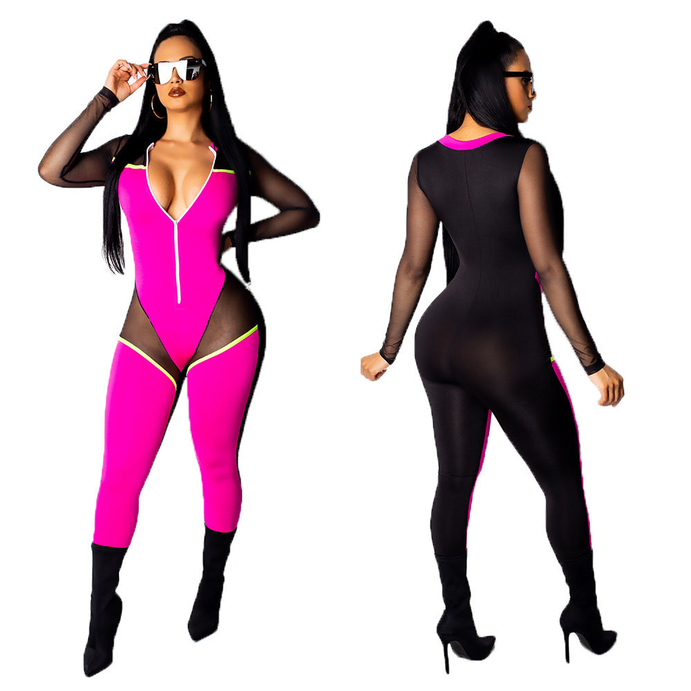 Sexy Plus Size Women's Clothing Color Block Mesh Long Sleeve Zipper Casual Jumpsuit 3