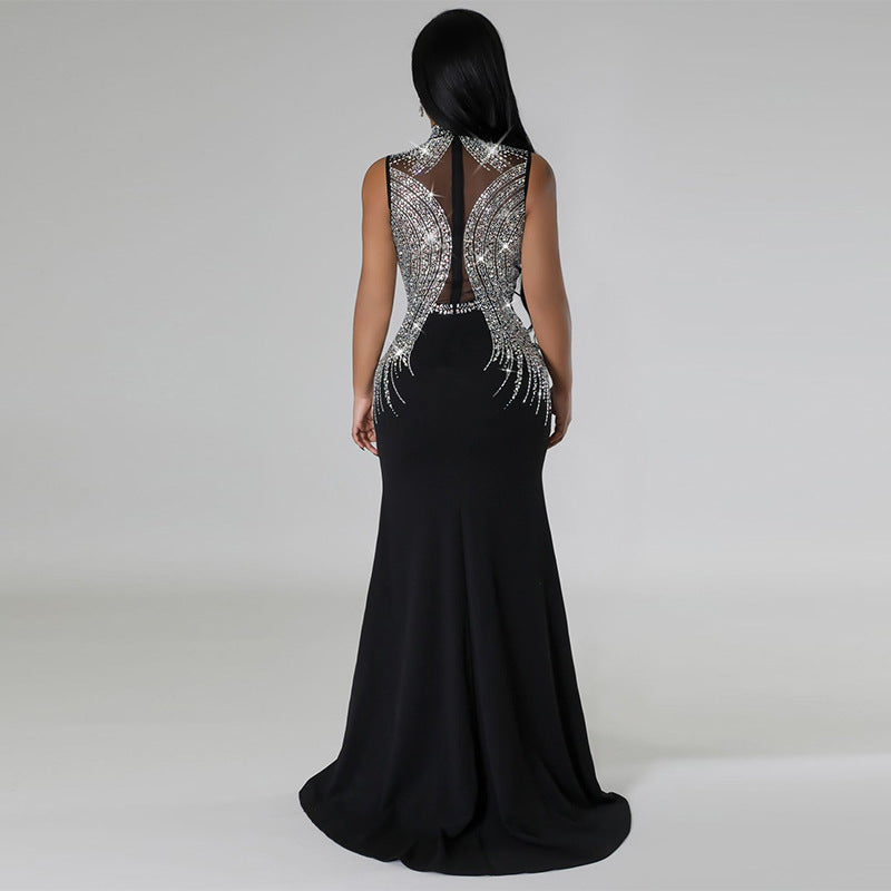 Women's Fashion Solid Color Beaded Mesh Hollow Slit Dress 5