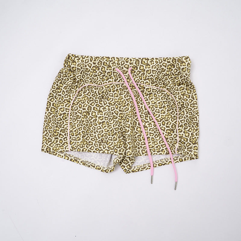 Women's Leopard Print Color Block Long Sleeve Zipper Coat Drawstring Shorts Two-Piece Set 28