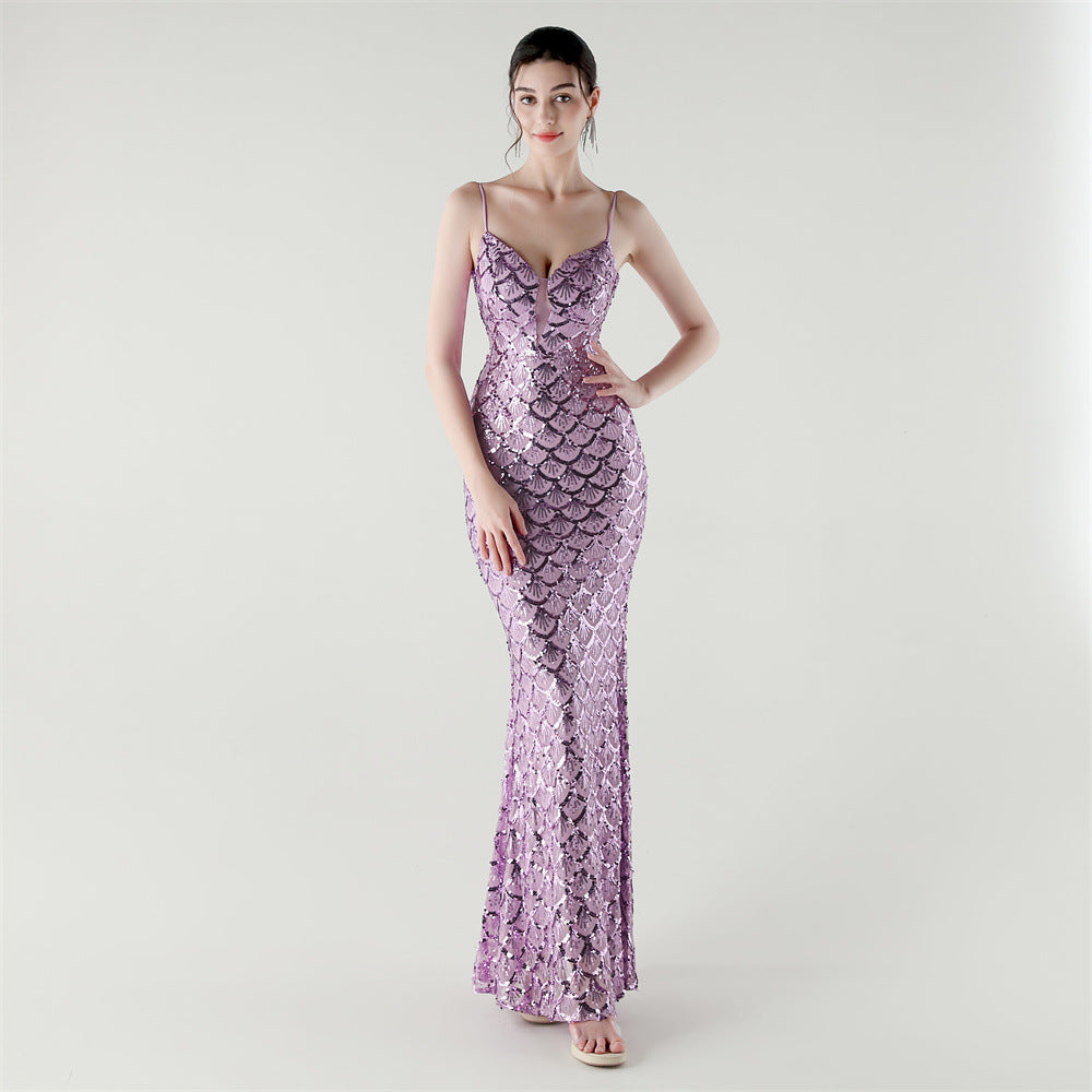Deep V Strap Slim Fishtail Formal Party Evening Dress 10