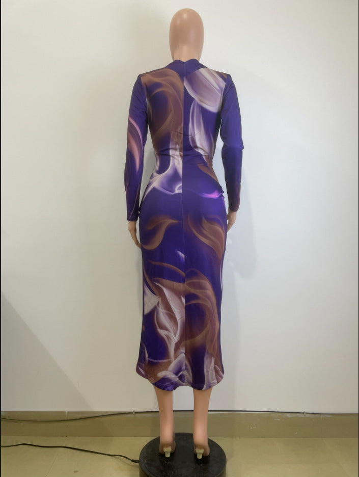 Autumn And Winter Women 's V-Neck Fashion Printed Slim Long-Sleeved Bodycon Dress 11