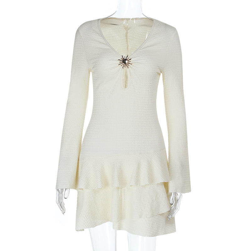 Women Fall Metal Buttoned Beach Holidays Cutout Dress 6