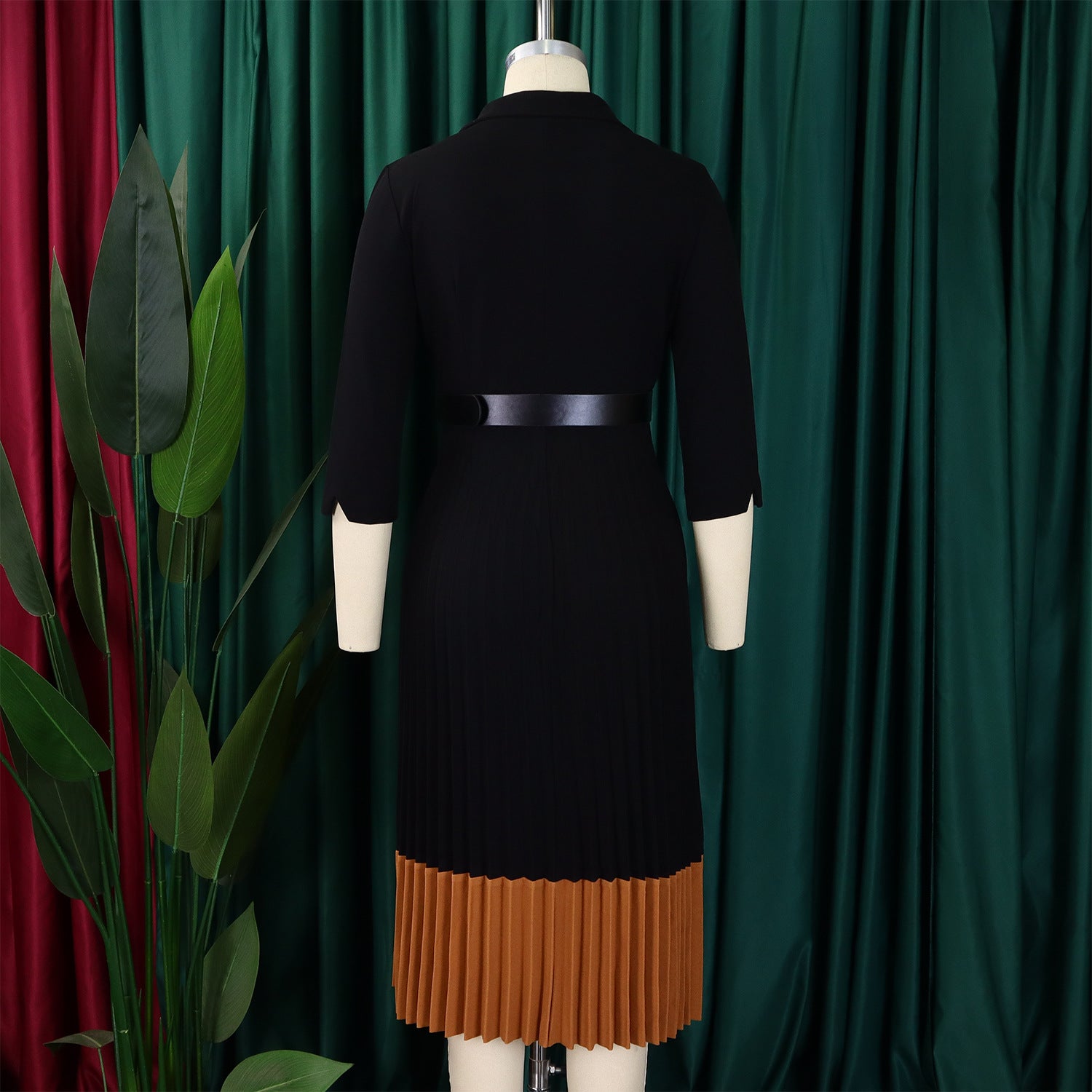 Women's Spring Turndown Collar Fashion Colorblock OL Elegant Pleated High Waist African Dress 20