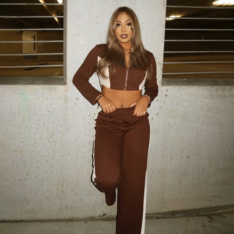 Women Fall/Winter Contrast Zipper Long Sleeve Top and Pants Casual Two-Piece Set 4