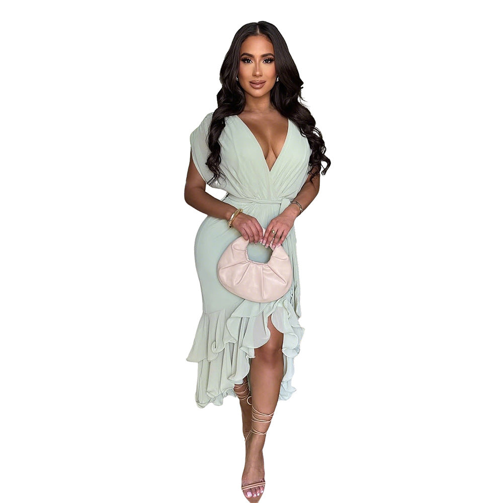 Sexy Deep V-Neck Solid Color Ruffled Asymmetric Belt Dress with Loose Sleeves for Women 4