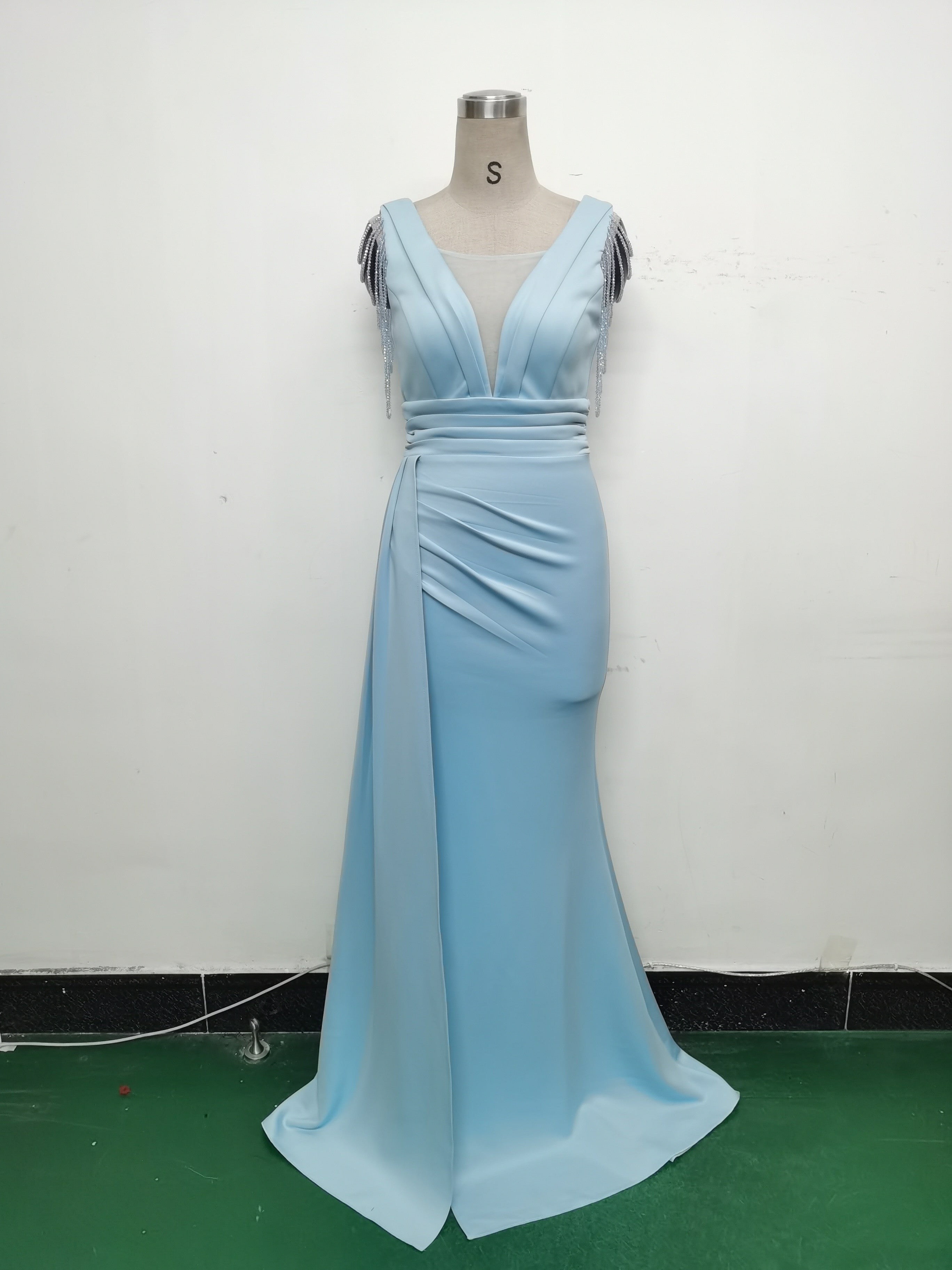 Women Satin Pleated Beaded Evening Dress 19