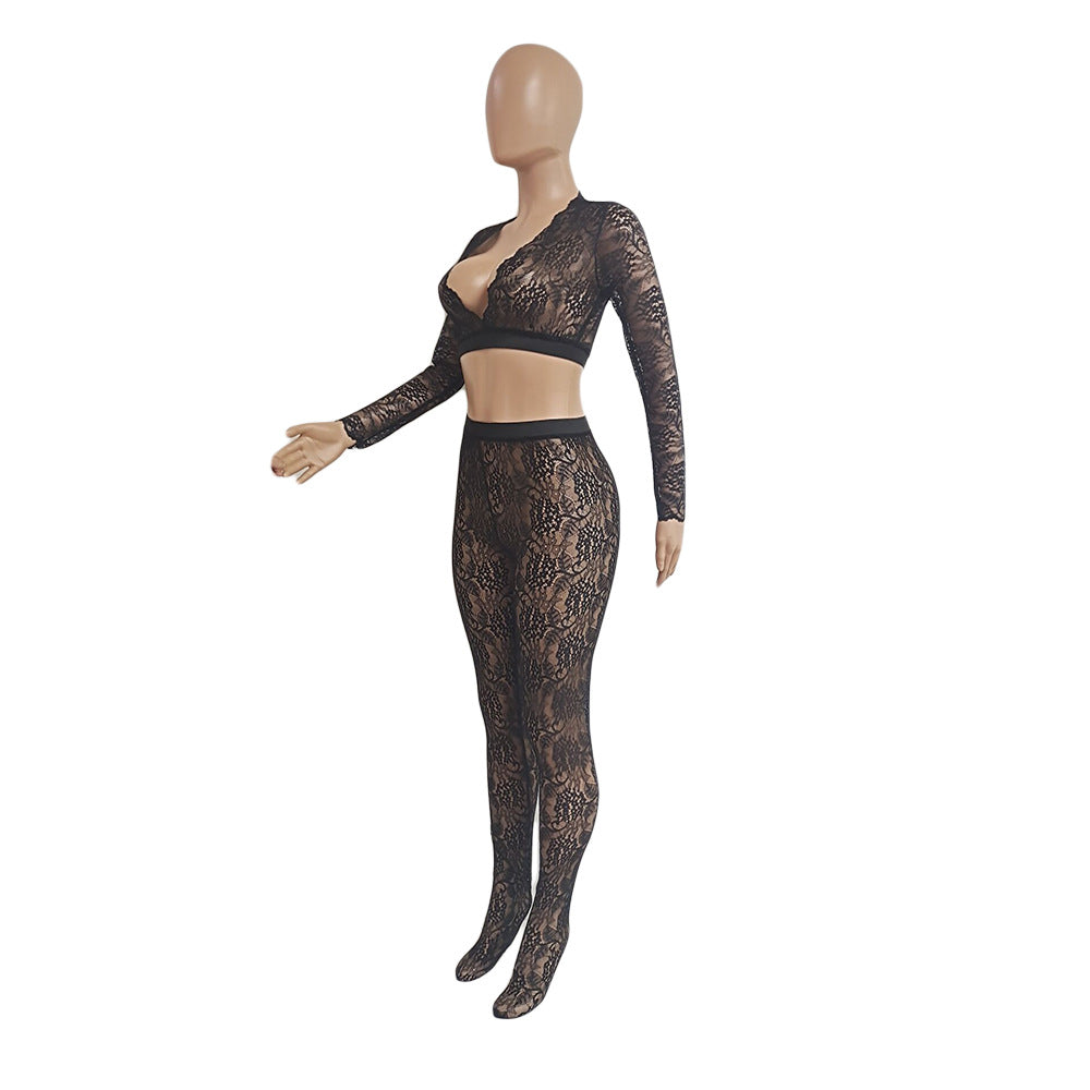 Women's Sexy V-Neck Tight Slim See Through Lace Two-Piece Pants Set 6
