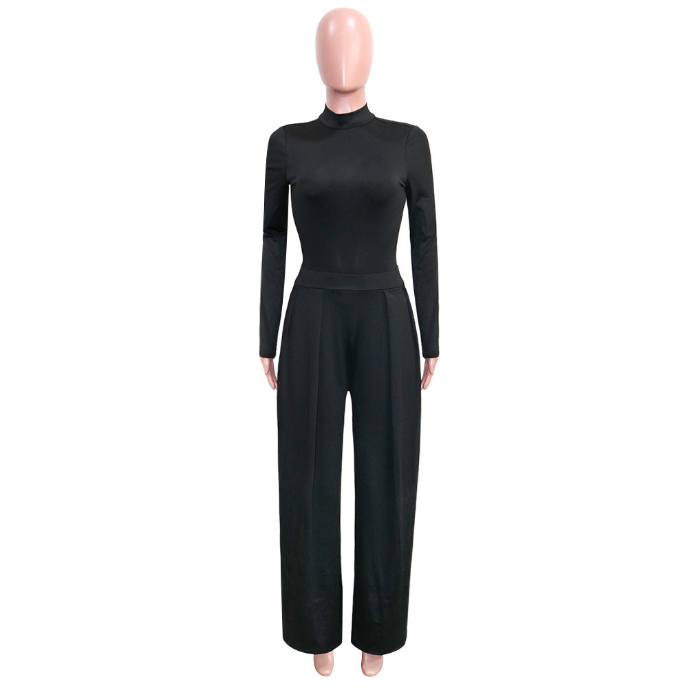 Women'S Fashion Solid Color Long Sleeve Top Wide Leg Pants Two Piece Set 15