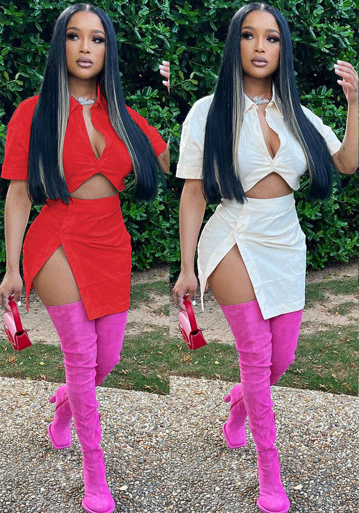 Women's fashion sexy solid color button Crop Shirt split skirt two-piece set