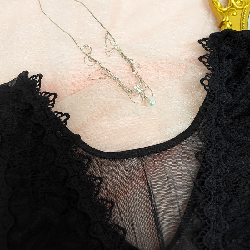 Plus Size Women Black Diamond Lace Patchwork Lace Sexy Bodysuit 12