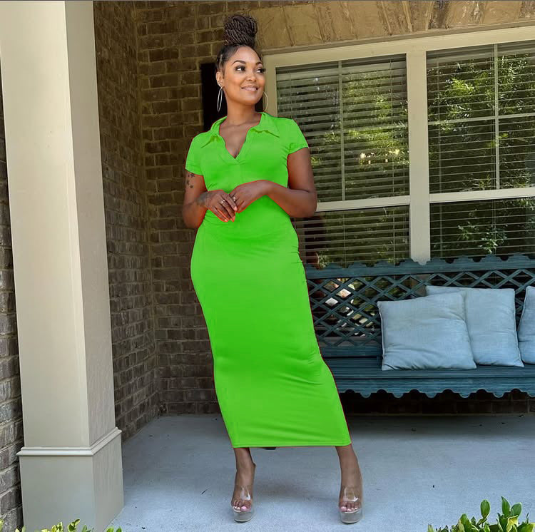 Women Summer Turndown Collar Short Sleeve Sexy Solid Bodycon Dress 10