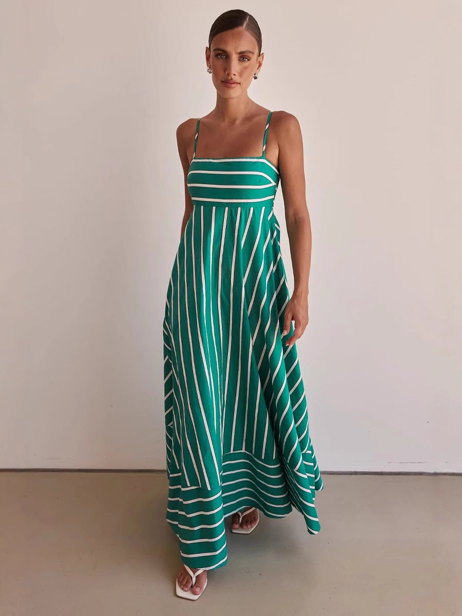 Fashionable Striped Strap High Waist A-Line Long Dress 4