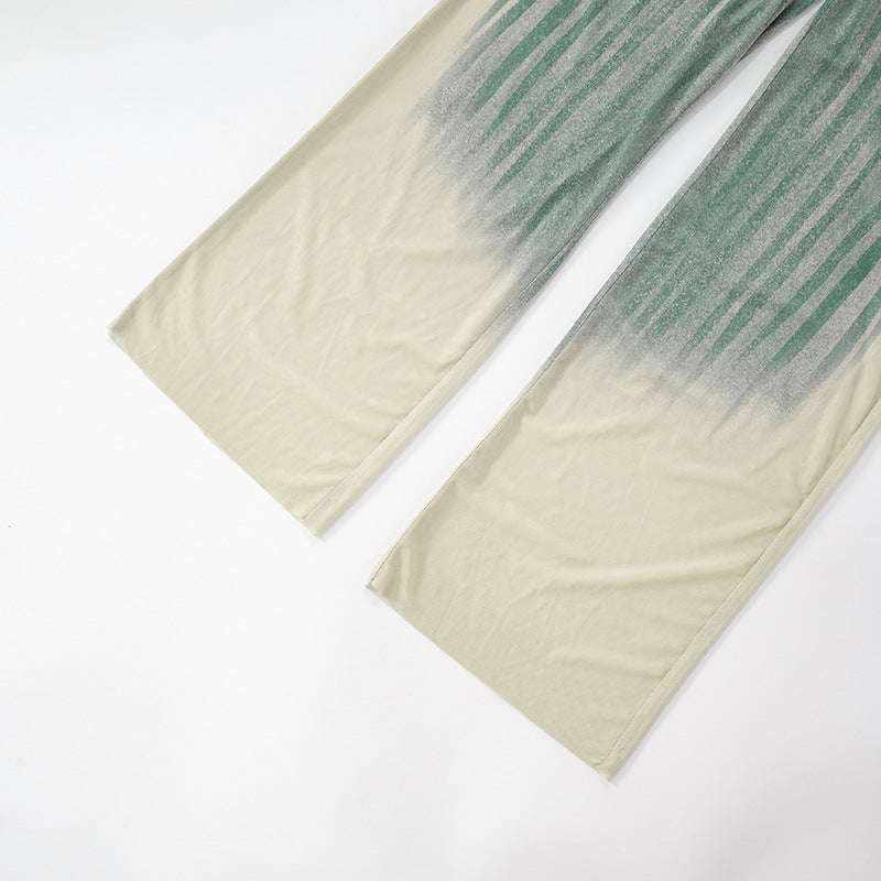 Women's Slim Geometric Pattern Print Round Neck Sleeveless Bodysuit Wide-Leg Pants Two Piece Set 19